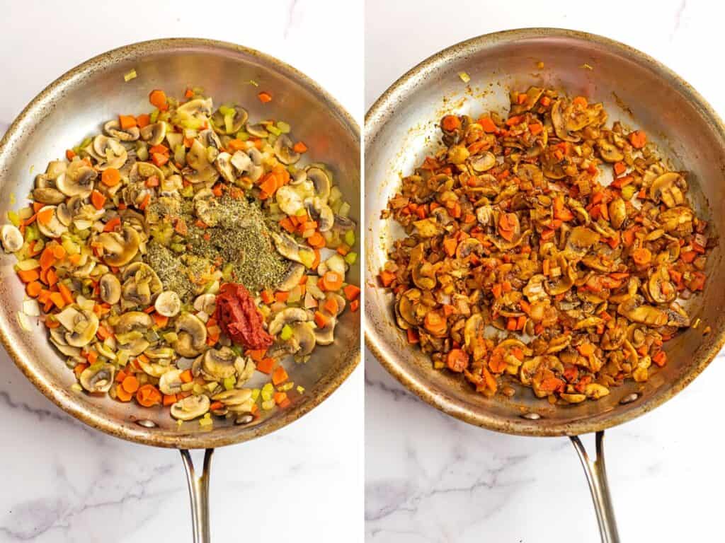 Before and after adding tomato paste, spices and balsamic vinegar.