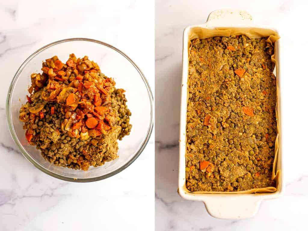 Lentil mushroom loaf in a parchment paper lined loaf pan.