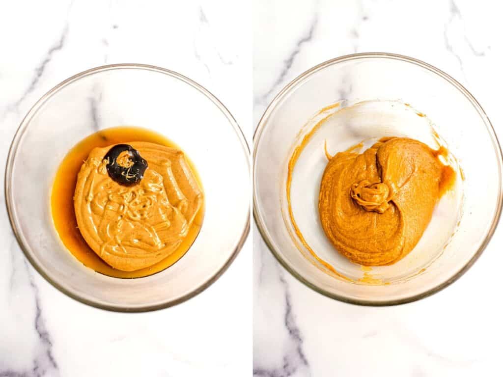 Peanut butter and maple syrup in a glass bowl.