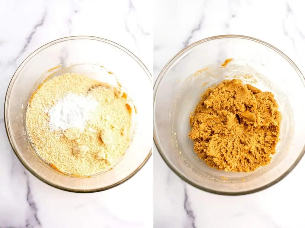 Before and after stirring in the almond flour to the peanut butter mixture.