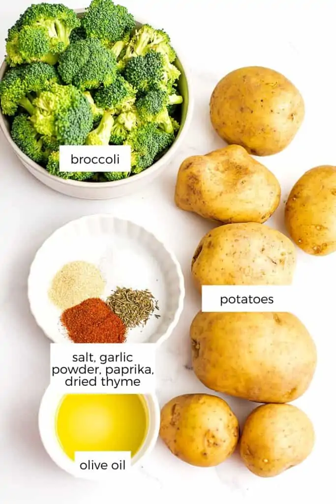 Ingredients to make sheet pan broccoli and potatoes.