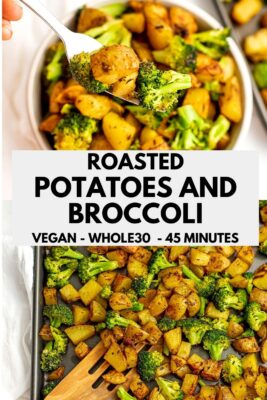 Roasted potatoes and broccoli in a white bowl.