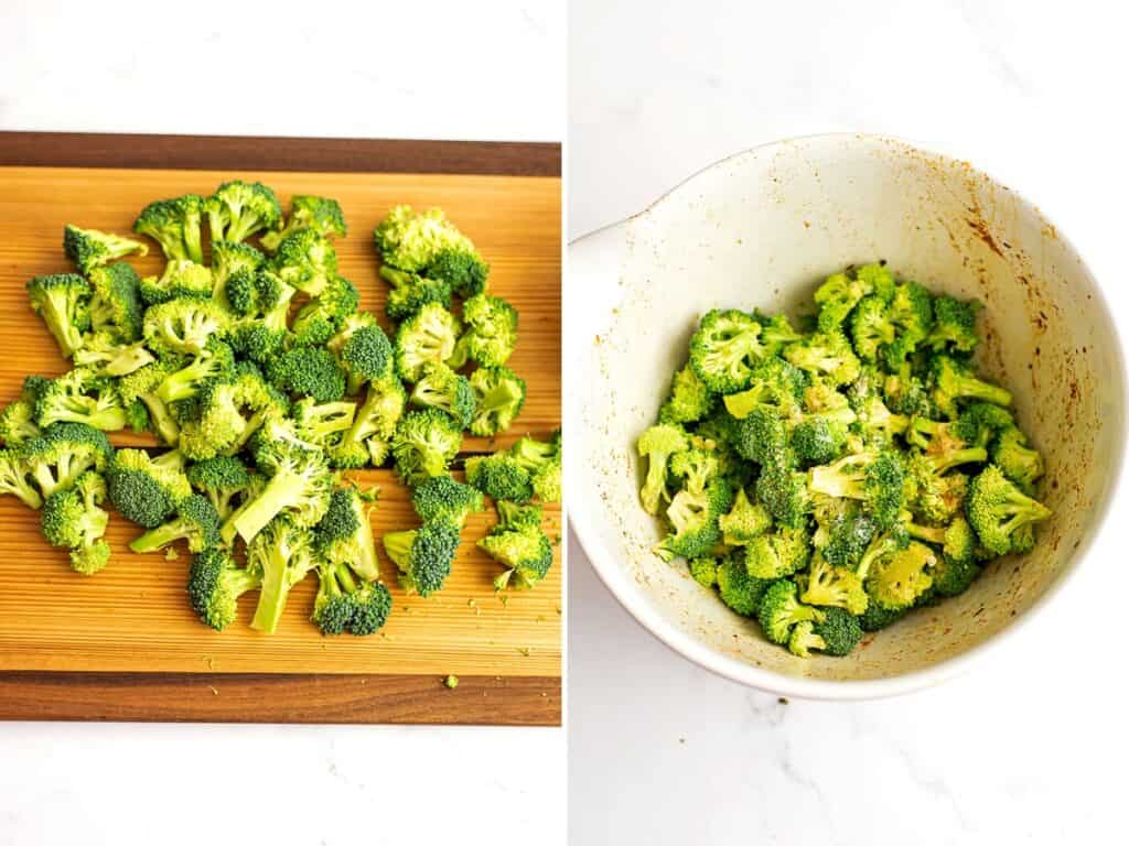 Broccoli chopped on a cutting board and in a white bowl.