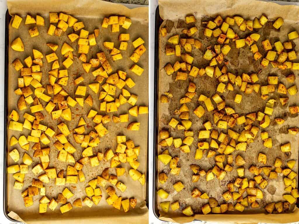 Before and after roasting potatoes on parchment paper lined baking sheet.