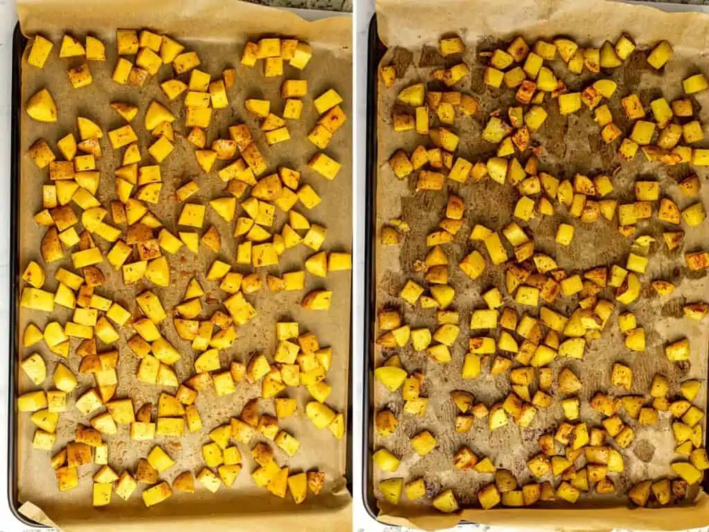 Before and after roasting potatoes on parchment paper lined baking sheet.