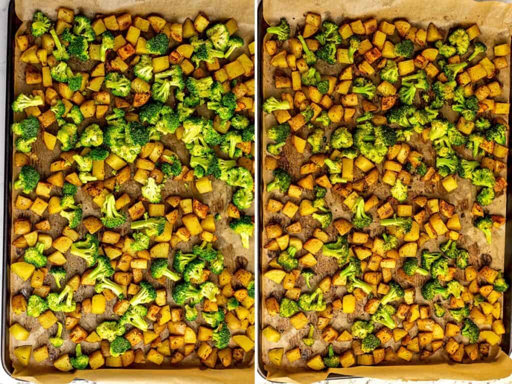 Before and after roasting broccoli with potatoes on sheet pan.