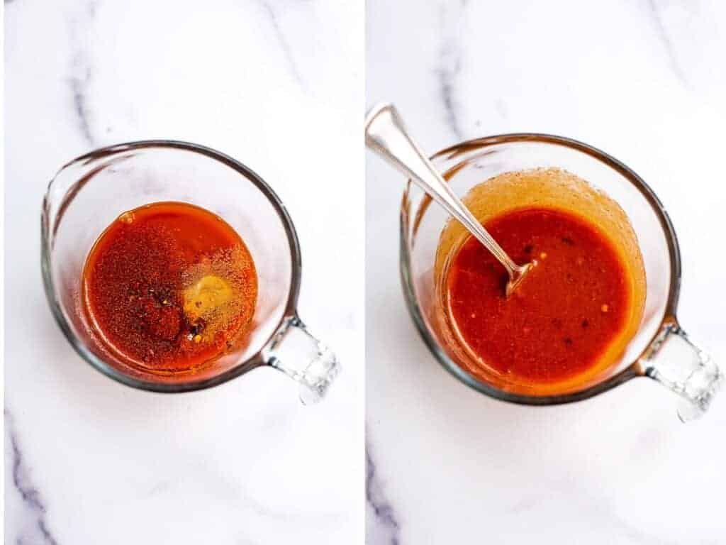 Before and after stirring the vegan buffalo sauce.