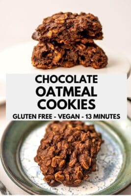 Vegan chocolate oatmeal cookies on a green rimmed plate.