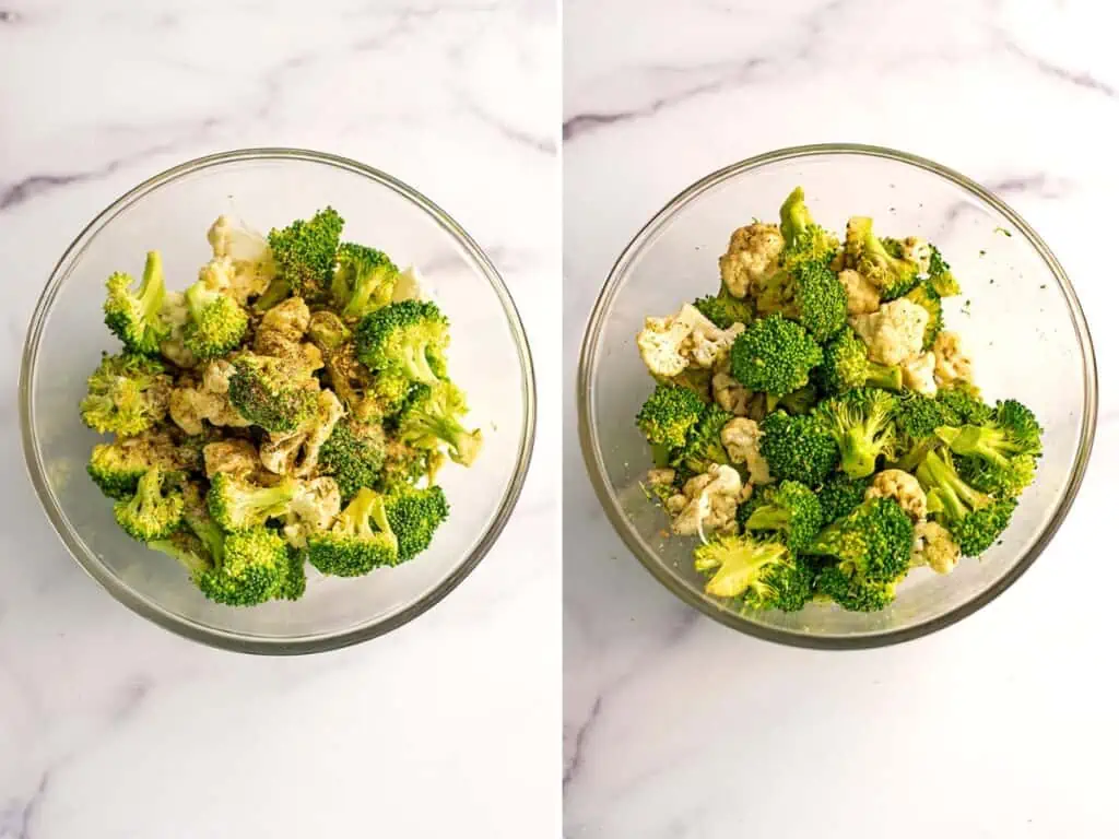 Broccoli and cauliflower florets in a glass bowl with spices on top.