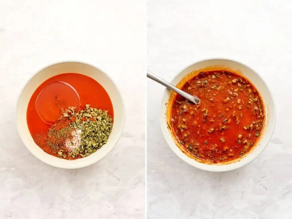 Before and after stirring buffalo sauce in a white bowl.