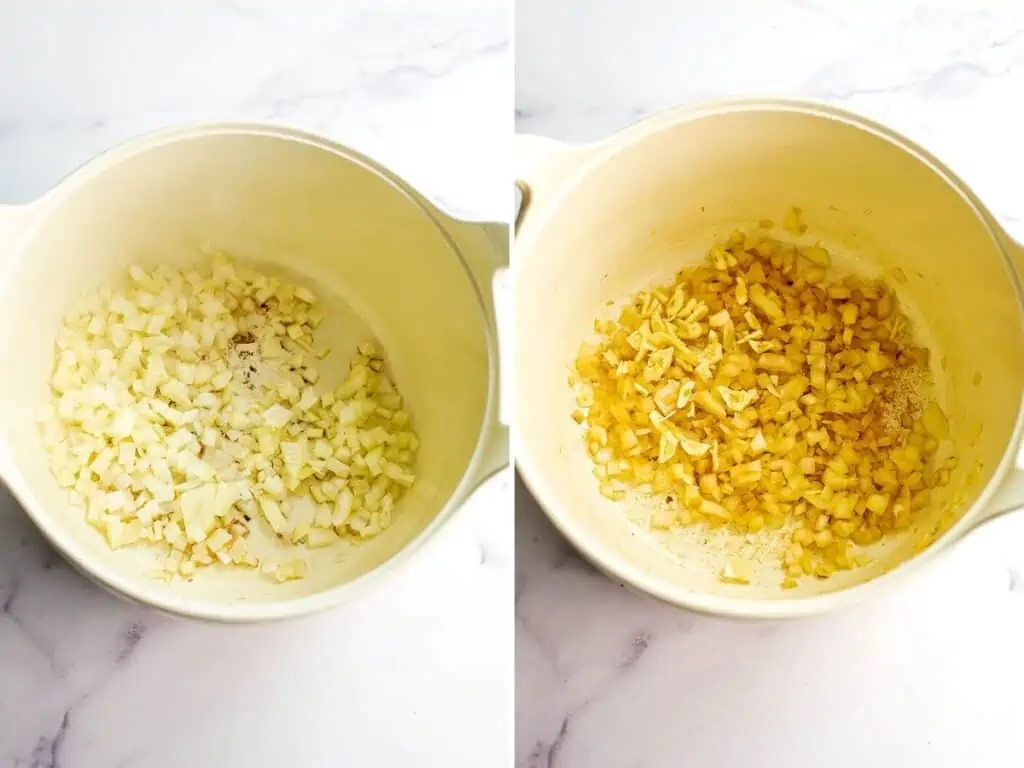 Before and after cooking onion and garlic in white pot.