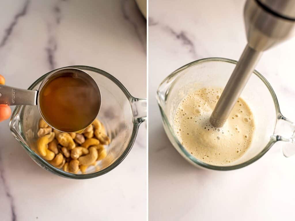 Hot vegetable broth being poured over cashews.