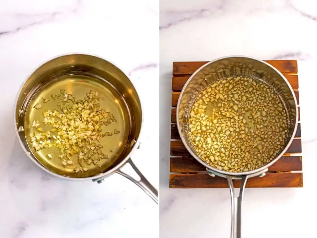 Before and after cooking the garlic and oil in a small pot.