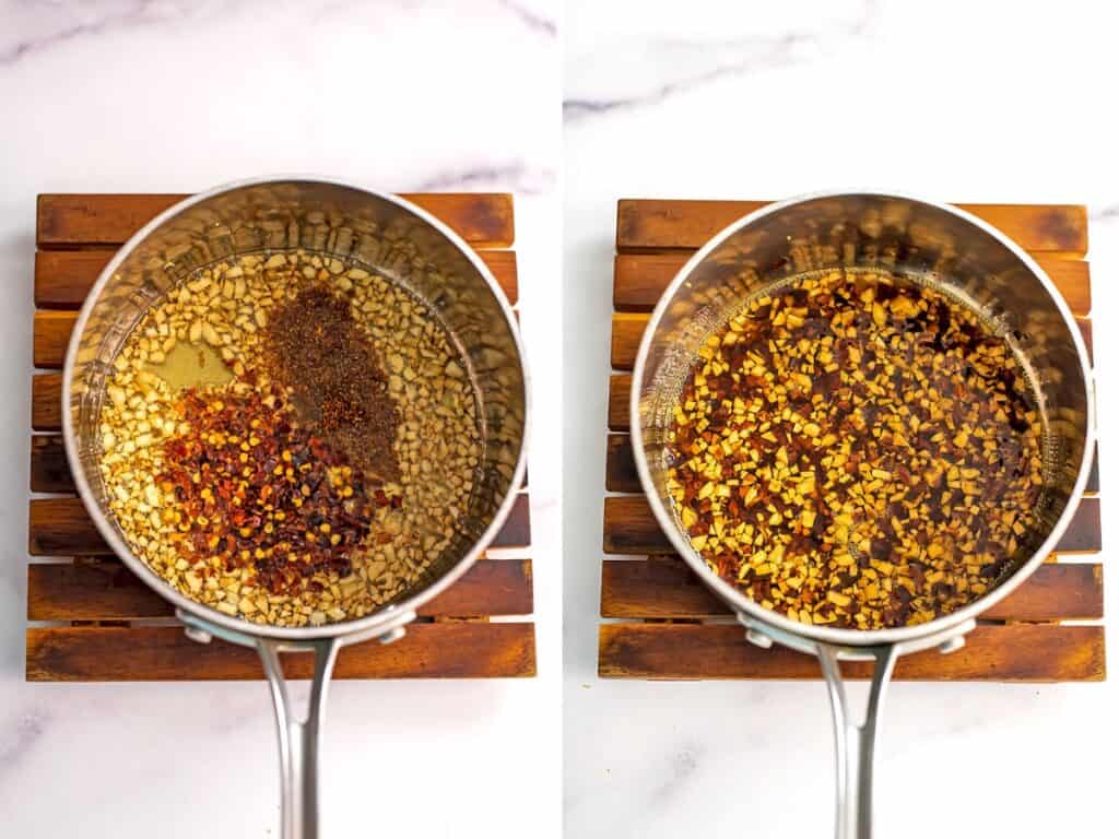Before and after adding chili flakes to hot oil and garlic.