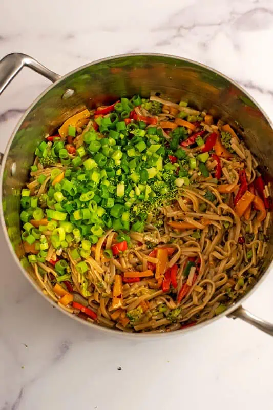 Sliced green onions, garlic chili oil added to the rice noodles and veggies.