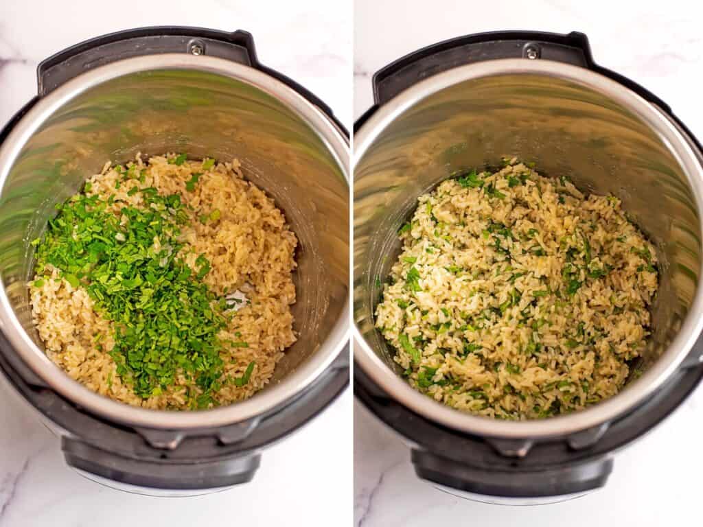 Cilantro added to brown rice in the instant pot.