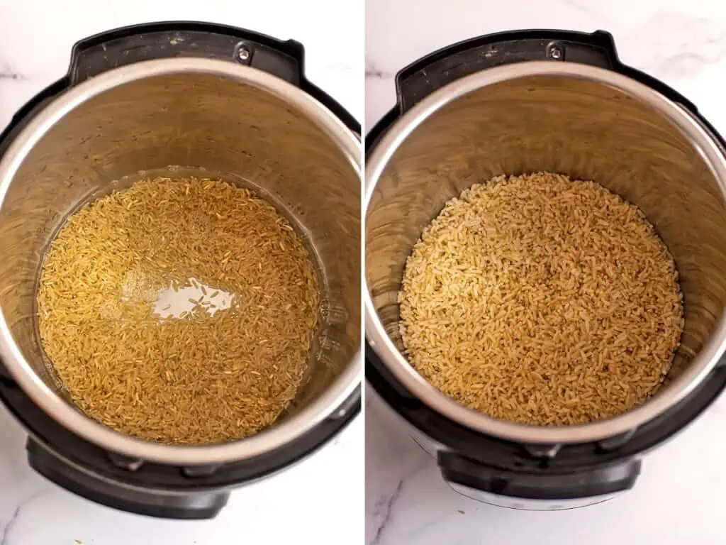 Before and after cooking the brown rice in the instant pot.