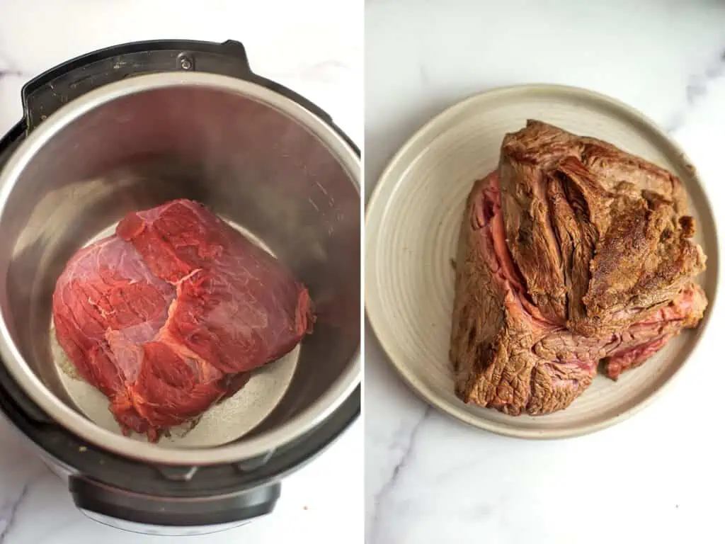 Chuck roast being seared in instant pot.