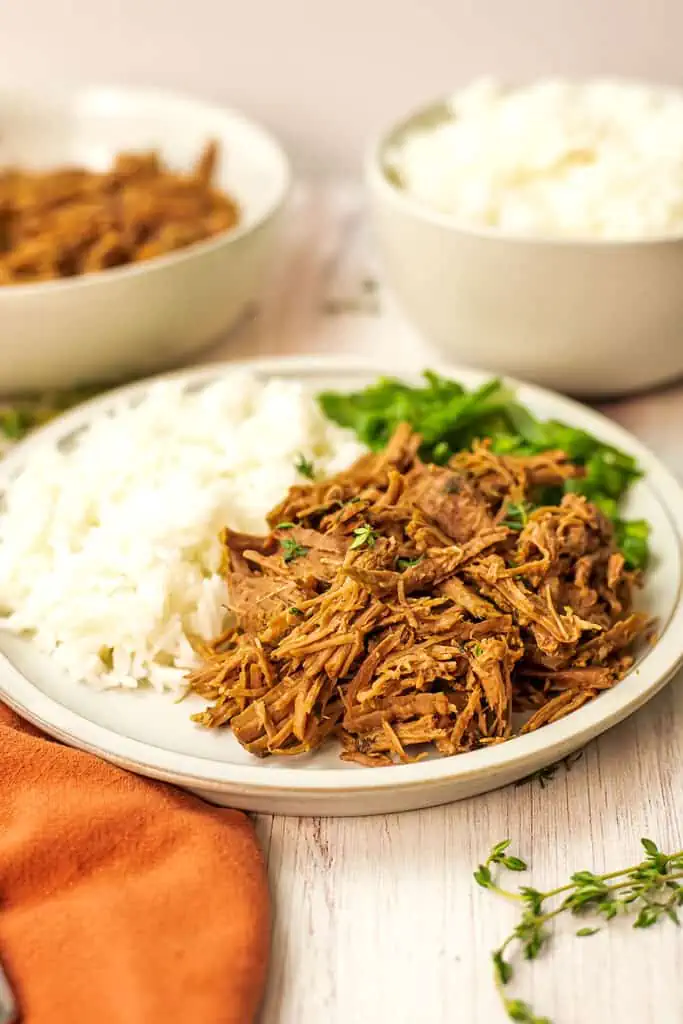 Shredded beef, jasmine rice and green beans on a white plate.