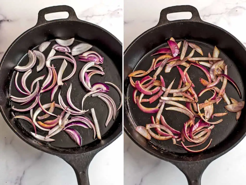Before and after cooking red onion in cast iron skillet.
