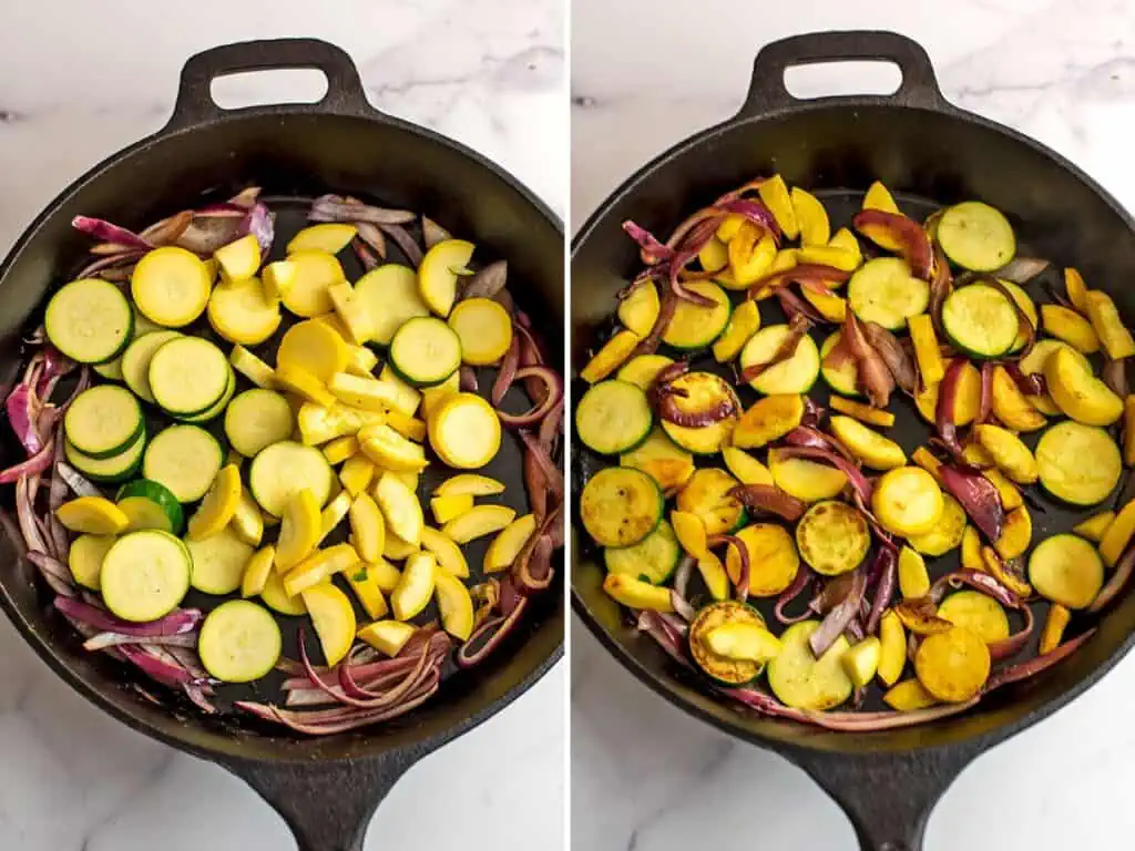 Before and after cooking zucchini and squash in cast iron skillet.