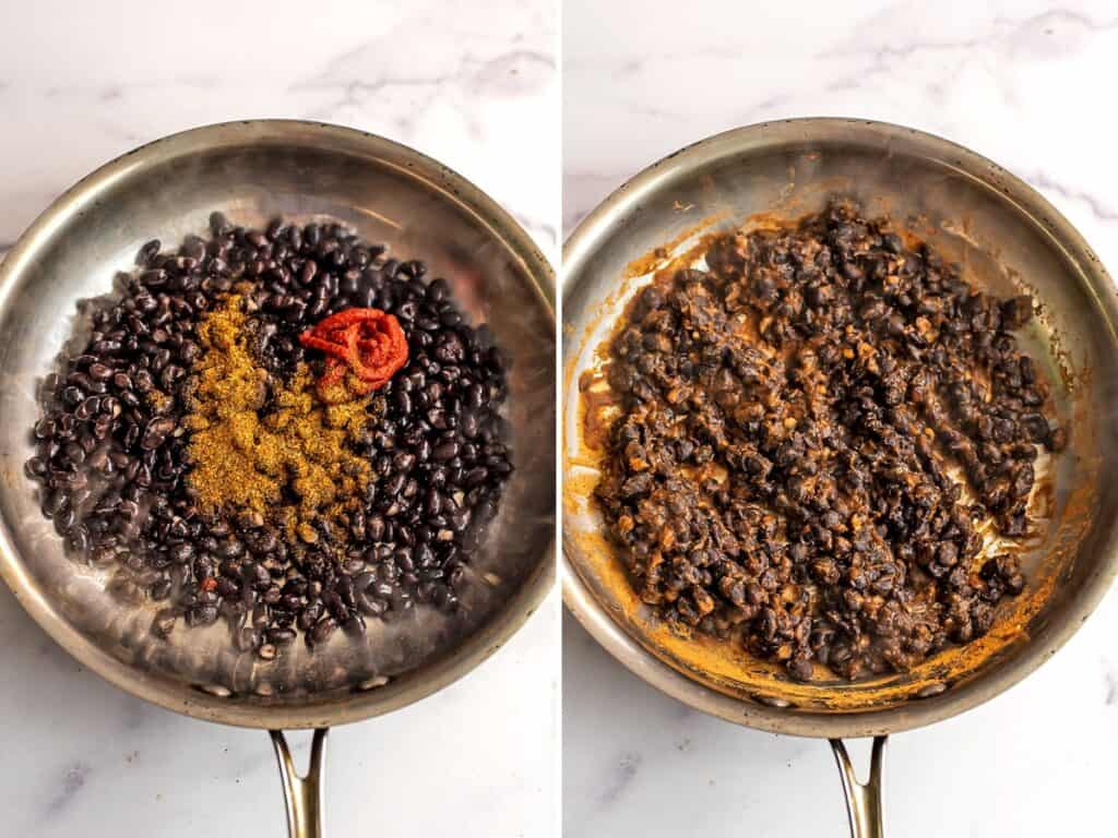 Black beans, tomato paste and spices in a stainless steel pan.