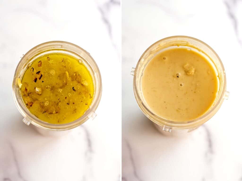 Before and after blending white bean sauce in bullet blender cup.
