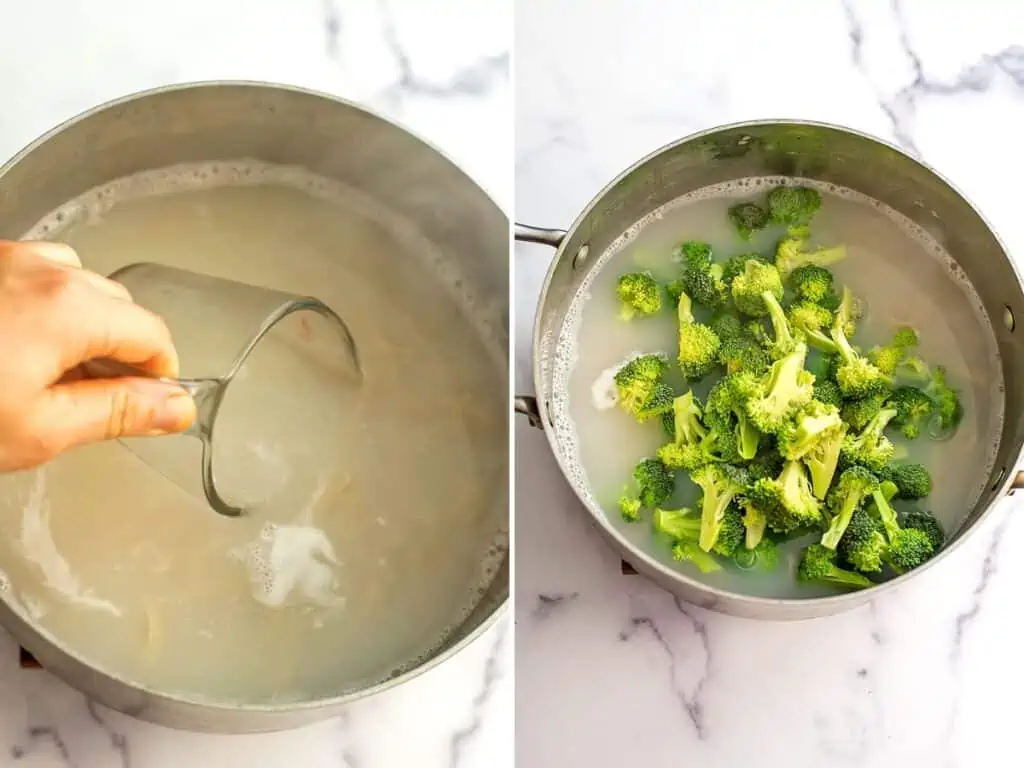 Glass measuring cup scooping out pasta water, broccoli added to pot.