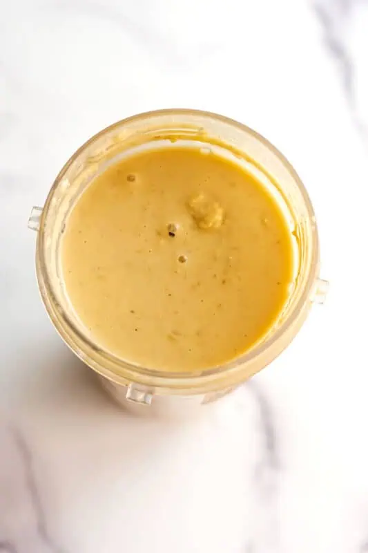 White bean pasta sauce in blender after blending.