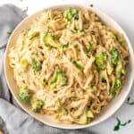 Large white bowl filled with vegan white bean pasta.