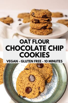 Four chocolate chip oat flour cookies stacked on a white plate.
