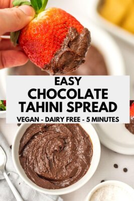 Chocolate tahini dip on a strawberry.