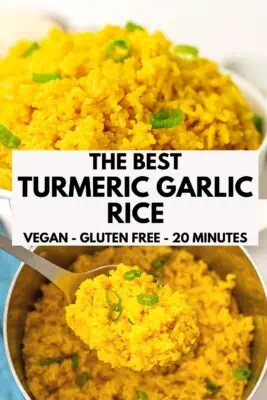 Bowl filled with turmeric garlic rice.
