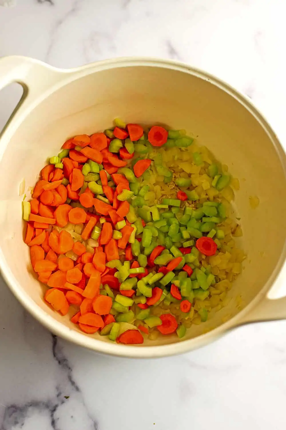 Carrots, celery, onions and garlic in a large pot.