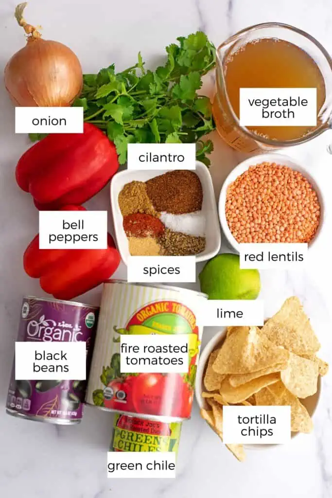 Ingredients to make vegan tortilla soup in bowls on marble countertop.