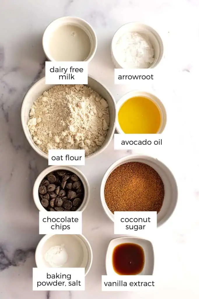 Ingredients to make oat flour chocolate chip cookies in ramekins.