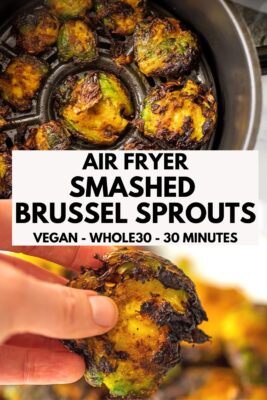 Smashed brussel sprouts in air fryer basket.