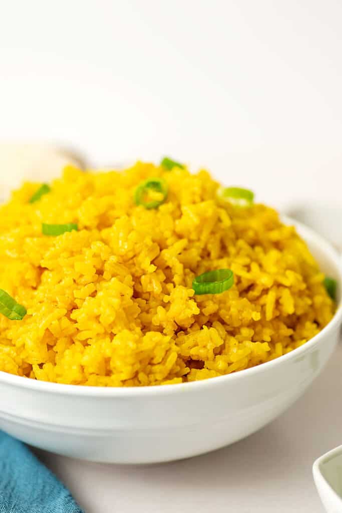 Garlic turmeric rice in a large bowl.