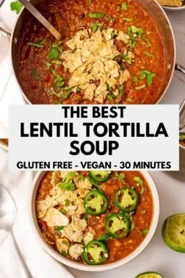 Lentil tortilla soup in a large pot.