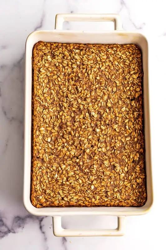 Banana bread baked oats in casserole dish after baking.