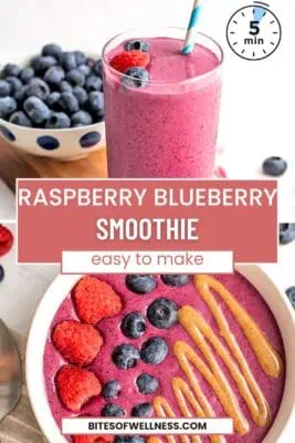 Glass filled with blueberry raspberry smoothie, a blue straw in the glass.