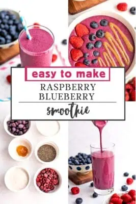 Glass filled with blueberry raspberry smoothie, a blue straw in the glass.
