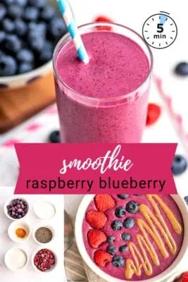 Glass filled with blueberry raspberry smoothie, a blue straw in the glass.