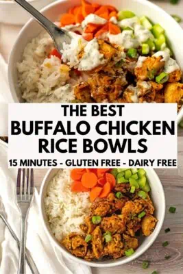 Fork in bowl of buffalo chicken rice bowl.