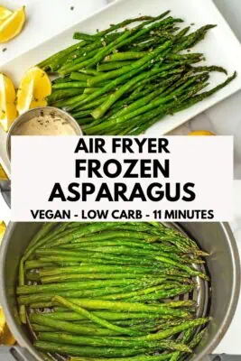 Cooked asparagus on white plate with lemon wedges.