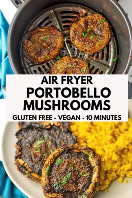 Air fryer basket filled with cooked portobello mushrooms.