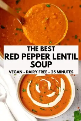 Red pepper and lentil soup in a white bowl with white napkin on the side.