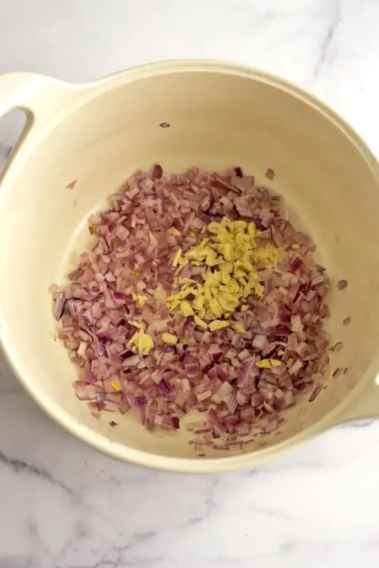 Sauteed red onion and garlic in a large pot.