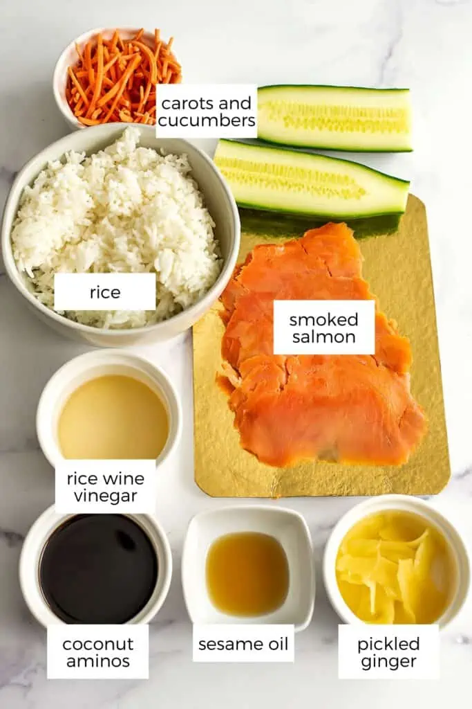 Ingredients to make smoked salmon bowl ingredients.