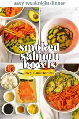 Chopsticks picking up smoked salmon from bowl.